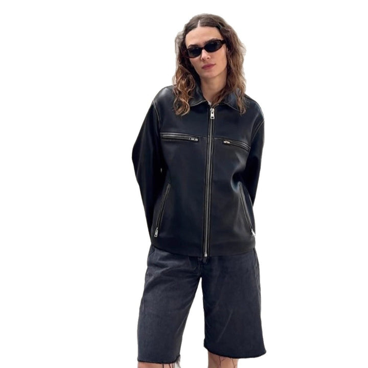 Women Boxy Faux Leather Jacket with Double Zipper and Chest Zippers Mune Fashion