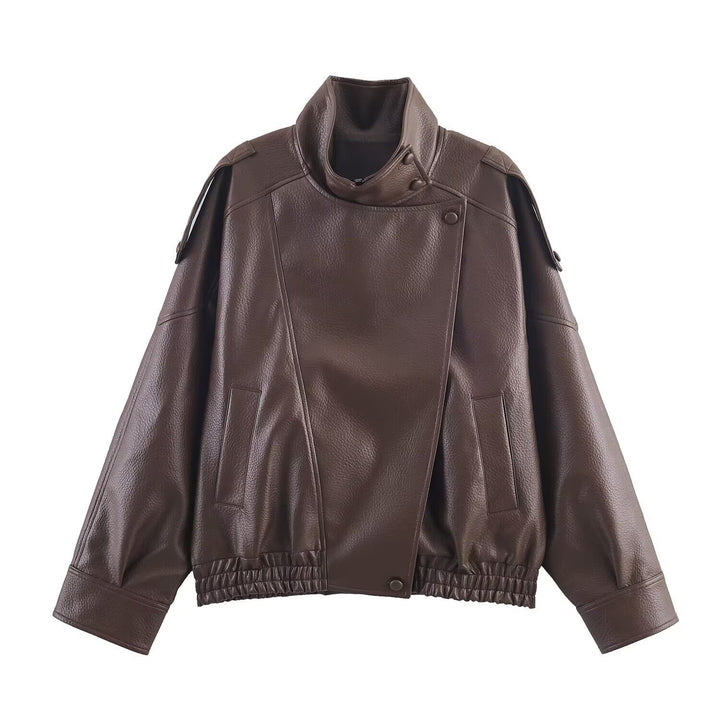 Women's Short Boxy Jacket in Leather Look with High Stand-Up Collar and Elastic Hem Mune Fashion