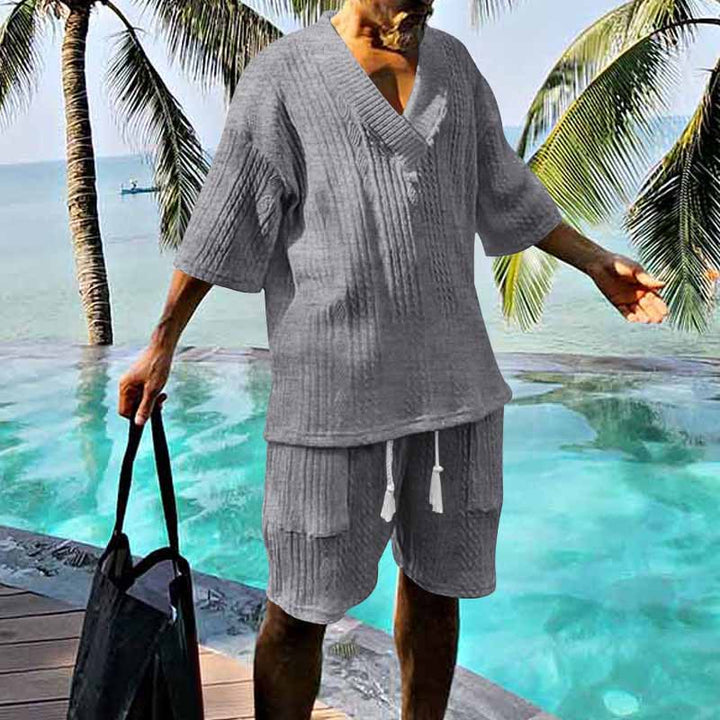 Men's casual knit set with V-neck, short sleeve oversized and drawstring shorts Mune Fashion