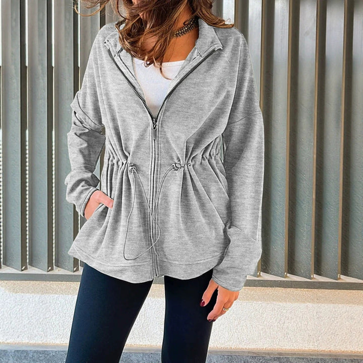 Women’s hooded jacket with waist drawstring, zipper, and side pockets Drune
