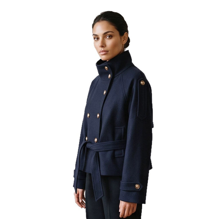 Women Short Double-Breasted Coat with Stand Collar and Tied Belt Mune Fashion