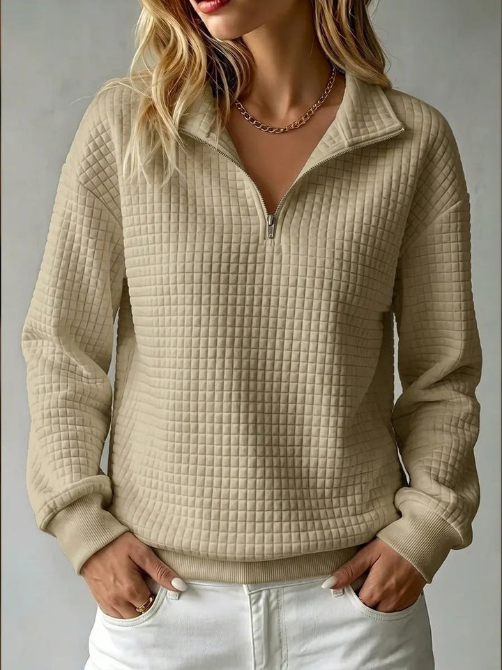 Women's Quilted Fleece Pullover with Half Zipper and Stand-Up Collar Mune Fashion
