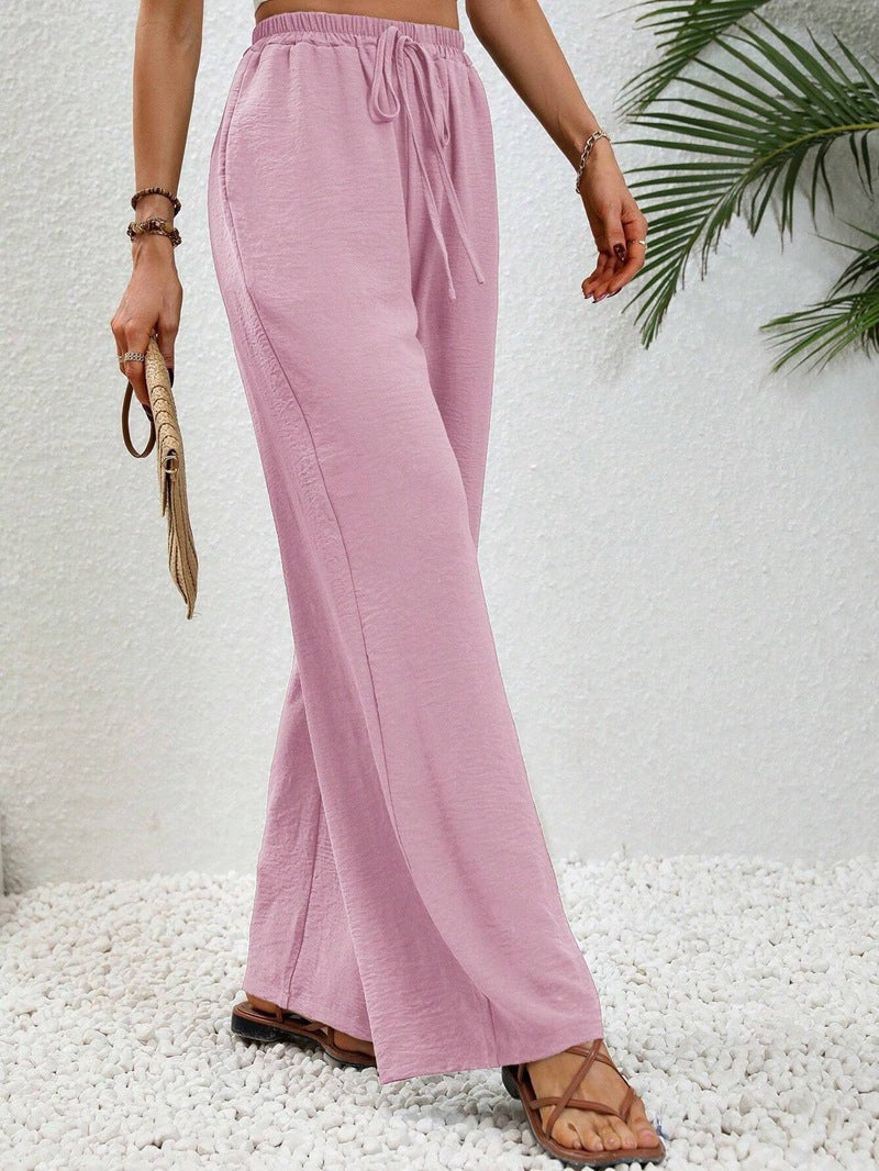 Women Wide Palazzo Pants with High Elastic Waistband, Drawstring and Side Pockets Mune Fashion