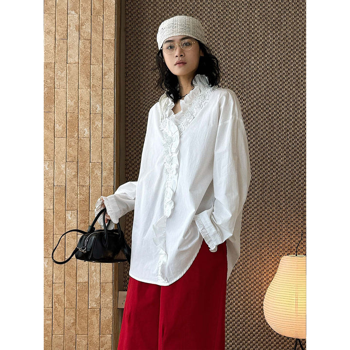 Women Oversize Blouse with Ruffle Trim and Lace Trim Mune Fashion