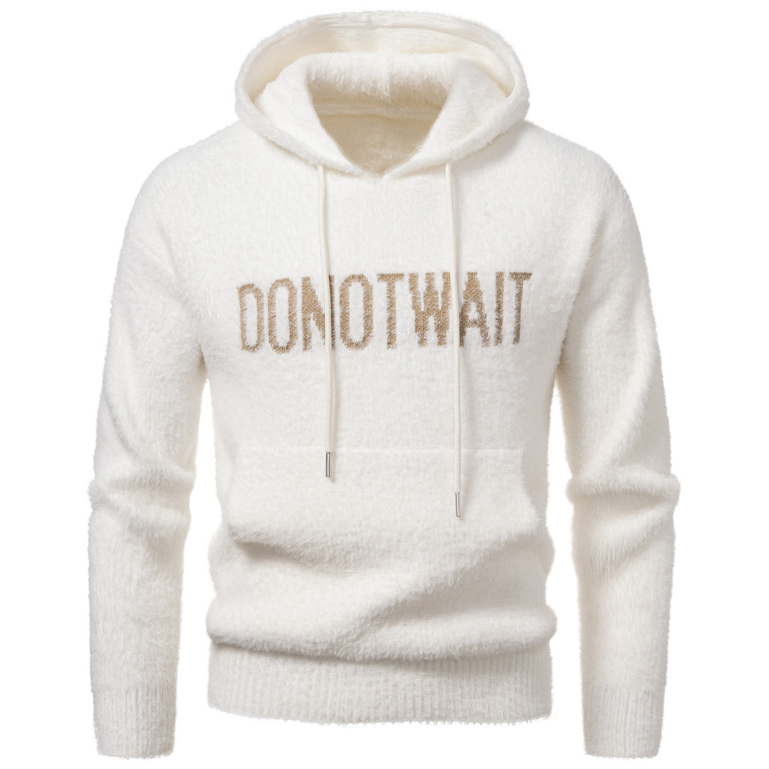 Men's Fluffy Hoodie made of Teddy Fleece with Statement Front Print and Kangaroo Pocket Mune Fashion