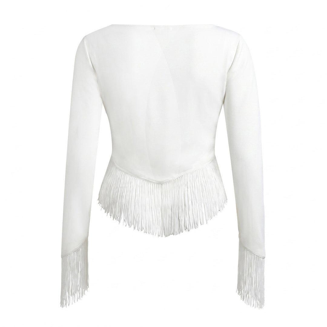 Women Cropped V-Neck Top with Long Sleeves and Decorative Fringe Trim Mune Fashion
