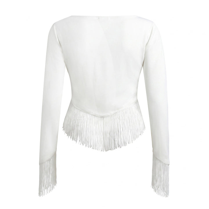 Women Cropped V-Neck Top with Long Sleeves and Decorative Fringe Trim Mune Fashion
