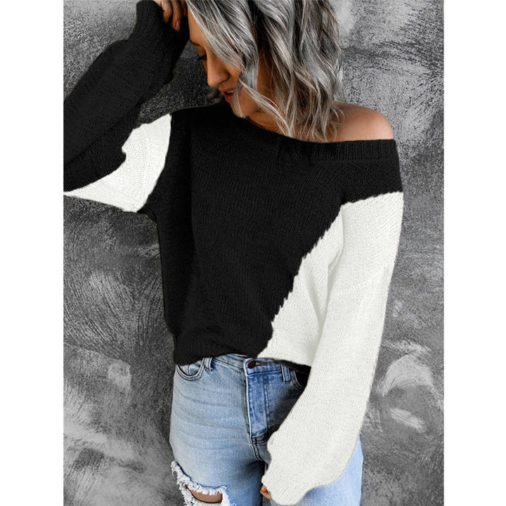 Women's Oversize Knit Sweater with Off-the-Shoulder Cut and Color Block Design Mune Fashion