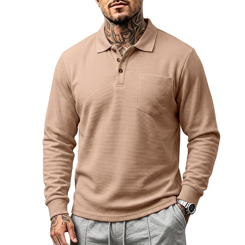 Men's Long Sleeve Waffle Piqué Polo with Button Placket and Chest Pocket Mune Fashion