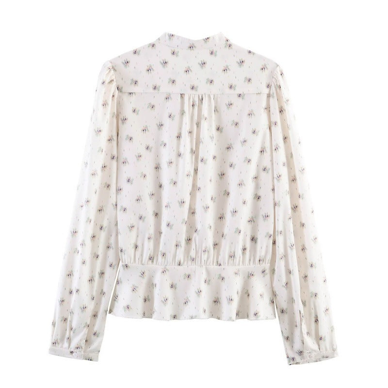 Women's Lightweight Viscose Blouse with Stand Collar, Ribbon Tie and Chest Pleats Mune Fashion