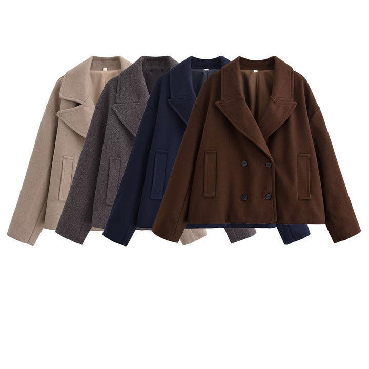 Women short cut wool blend peacoat with wide lapels and side pockets Mune Fashion