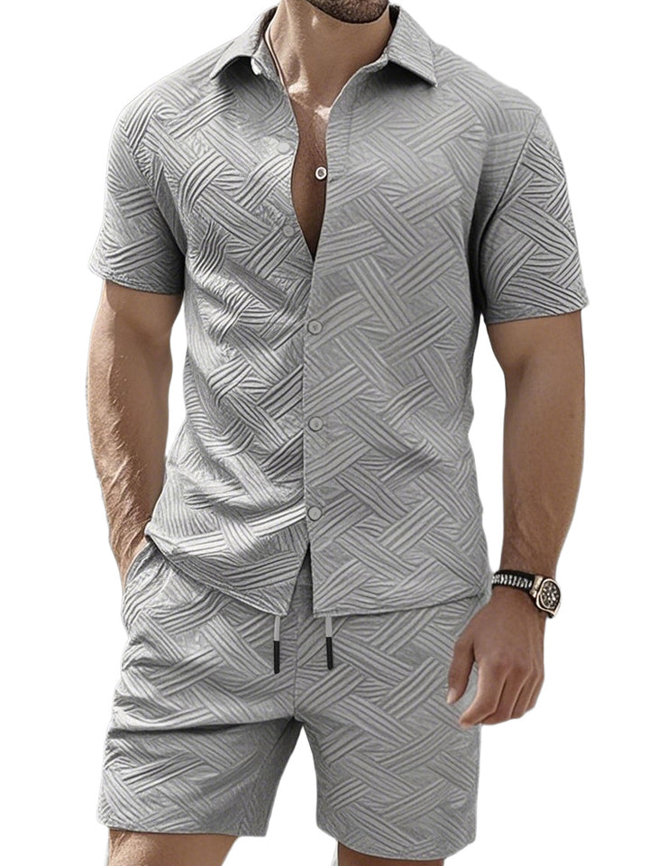 Men's nan geometric embossed short sleeve shirt and Bermuda two-piece set with shirt collar and drawstring Mune Fashion