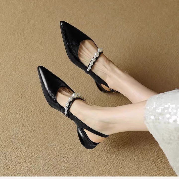 Women's lace Slingback Mules with pearl strap and sculptural heel Mune Fashion