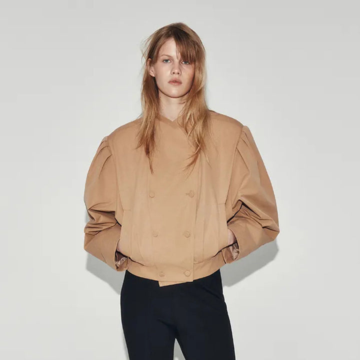 Women's short jacket in a boxy cropped cut with double button placket and structured shoulder pleats Mune Fashion