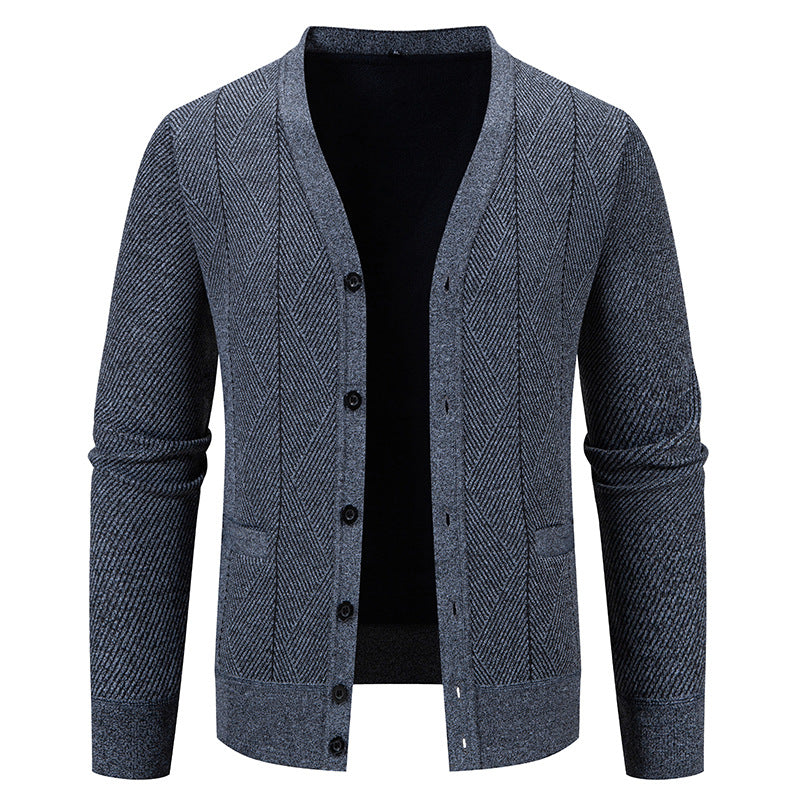 Men's Structured Fine Knit Cardigan with Chevron Pattern, V-Neck and Insert Pockets Mune Fashion