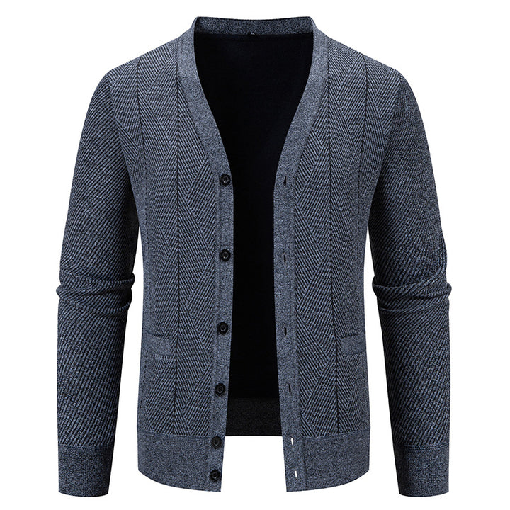 Men's Structured Fine Knit Cardigan with Chevron Pattern, V-Neck and Insert Pockets Mune Fashion