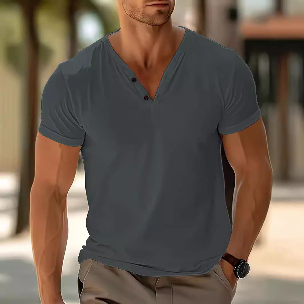 Men's short-sleeved Henley shirt with V-neck and two-button placket made of cotton blend Mune Fashion