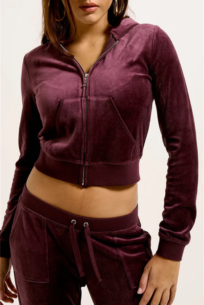 Women's Velvet Cropped Zip Jacket with Kangaroo Pocket and High-Cut Cuffed Pants Mune Fashion