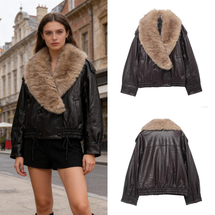 Women short-cut leather imitation bomber jacket with voluminous fur collar Mune Fashion