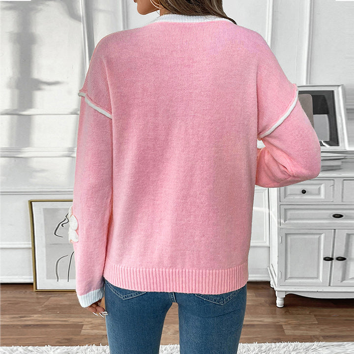 Women Playful V-Neck Sweater with Flower Appliqués Mune Fashion