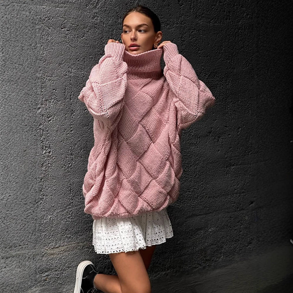 Women Oversize Knit Sweater with Roll Neck, Cable Pattern and Voluminous Balloon Sleeves Mune Fashion