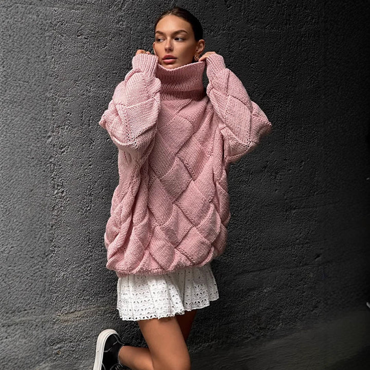 Women Oversize Knit Sweater with Roll Neck, Cable Pattern and Voluminous Balloon Sleeves Mune Fashion
