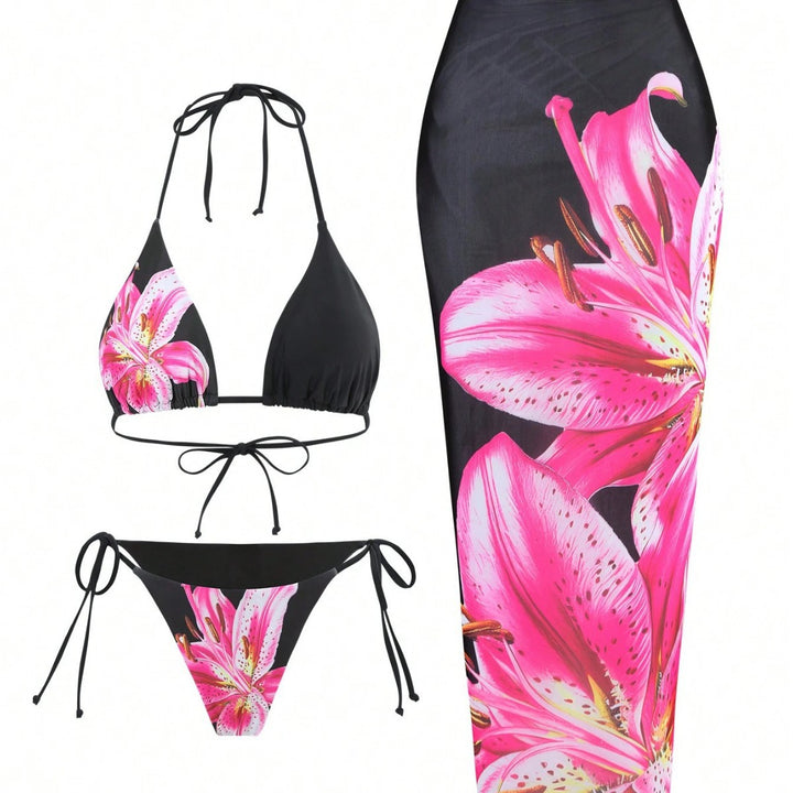Women's bikini set with floral pattern and matching wrap skirt Mune Fashion