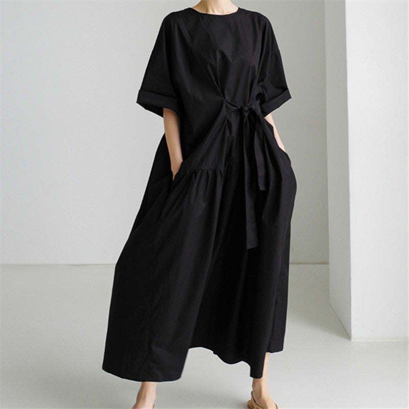 Women's Long Cotton Maxi Dress with Wrap Belt and Side Pockets Mune Fashion