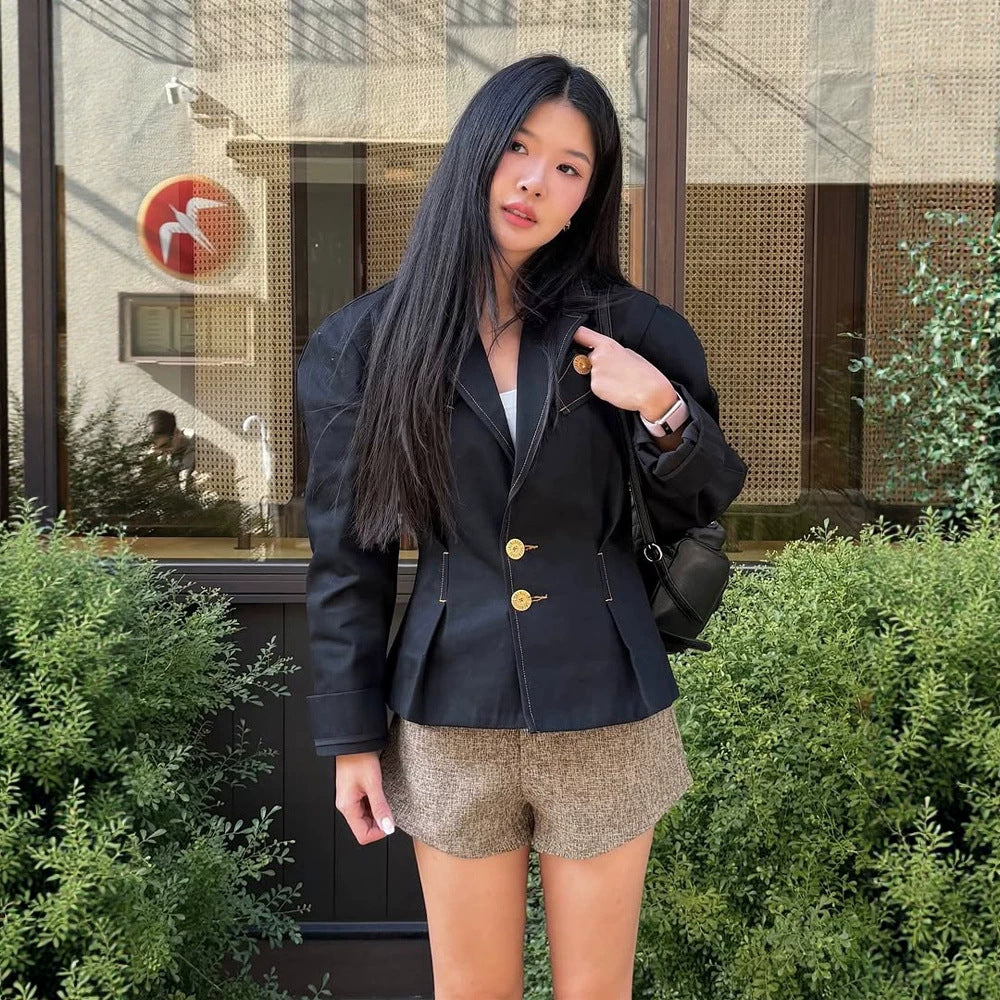 Women's Tailored Blazer with Decorative Stitching and Golden Decorative Buttons Mune Fashion