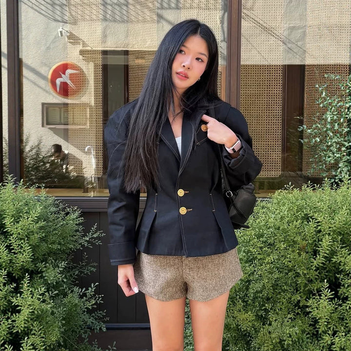 Women's Tailored Blazer with Decorative Stitching and Golden Decorative Buttons Mune Fashion