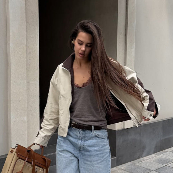 Women's Lightweight Bomber Jacket in Colorblock Style with High Stand-Up Collar Mune Fashion