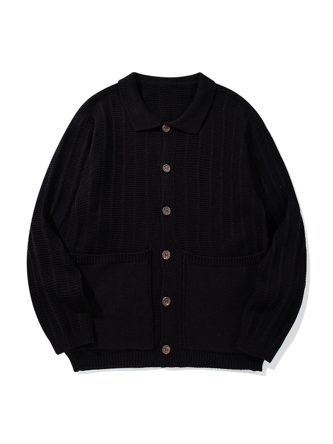 Unisex Textured Knit Cardigan with Shirt Collar and Patch Pockets Mune Fashion