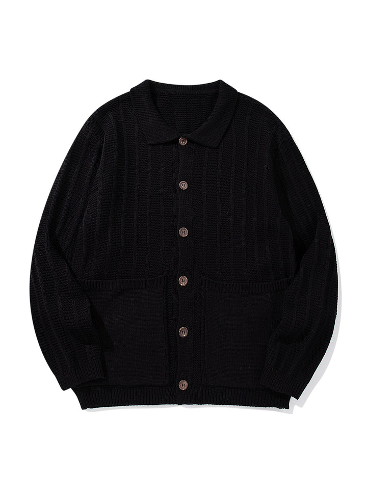 Unisex Textured Knit Cardigan with Shirt Collar and Patch Pockets Mune Fashion