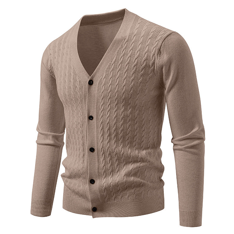 Men's fine knit cardigan with cable pattern, V-neck and button placket Mune Fashion