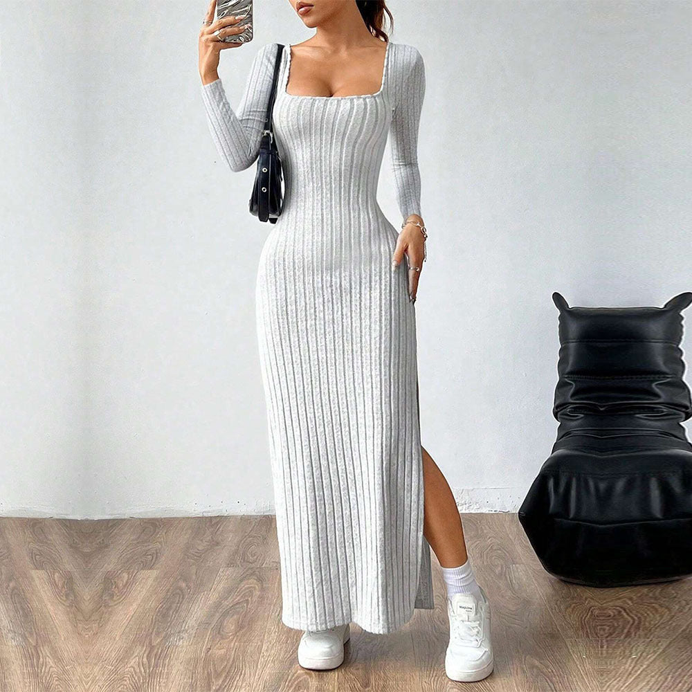 Women's figure-hugging ribbed maxi dress with square neckline and side leg slit Mune Fashion