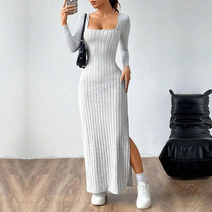 Women's figure-hugging ribbed maxi dress with square neckline and side leg slit Mune Fashion