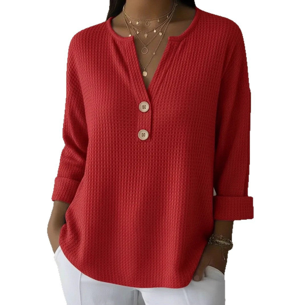 Women's waffle-knit henley shirt with wooden buttons and roll-up sleeves Mune Fashion