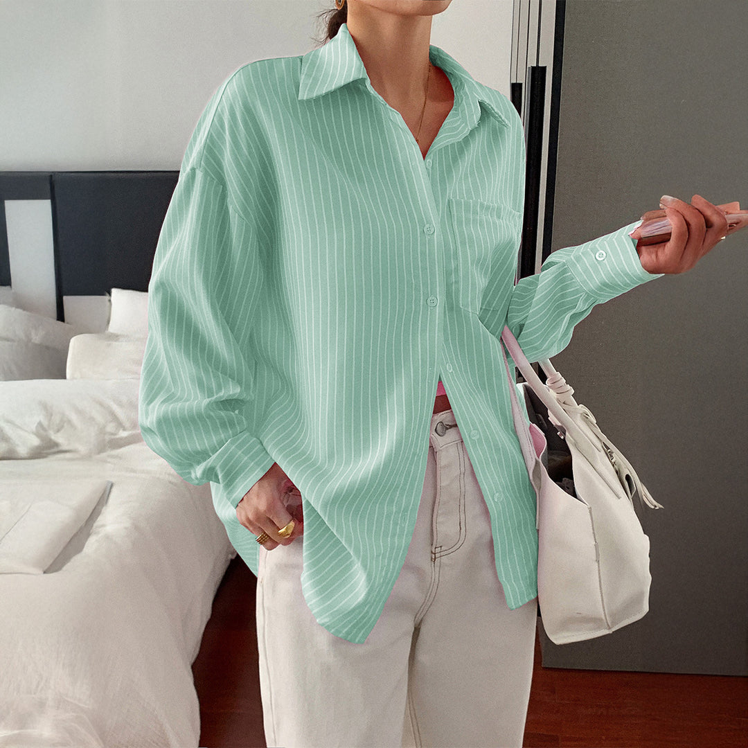 Women's slightly tailored long blouse with Kent collar, breast pocket, and fine pinstripes Mune Fashion