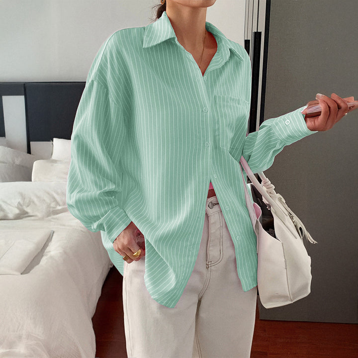 Women's slightly tailored long blouse with Kent collar, breast pocket, and fine pinstripes Mune Fashion