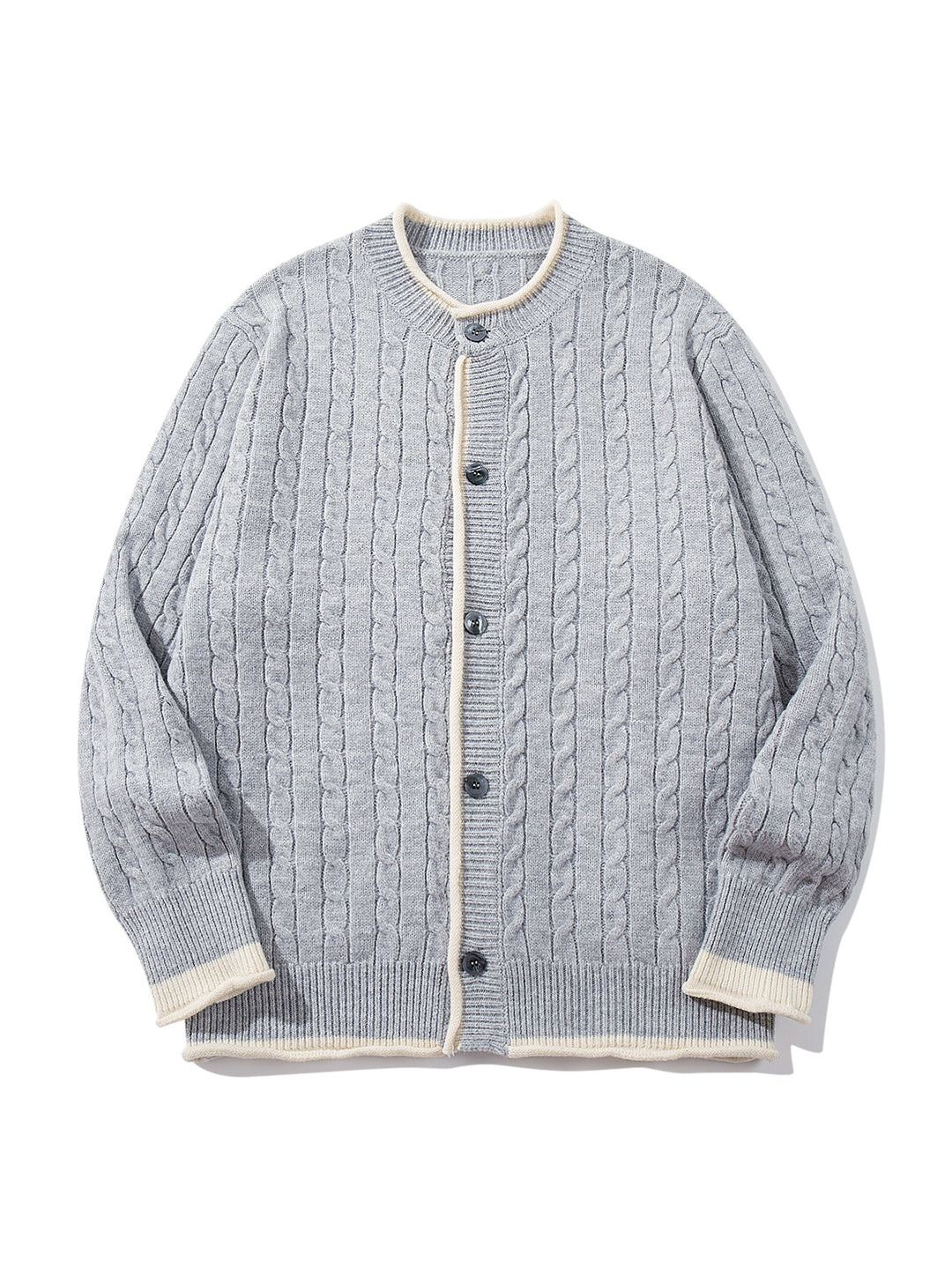 Unisex Cable Knit Cardigan with Round Neck, Contrasting Cuffs and Continuous Button Placket Mune Fashion