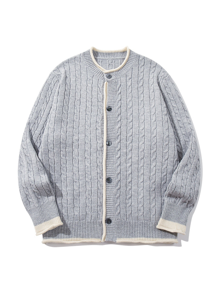 Unisex Cable Knit Cardigan with Round Neck, Contrasting Cuffs and Continuous Button Placket Mune Fashion