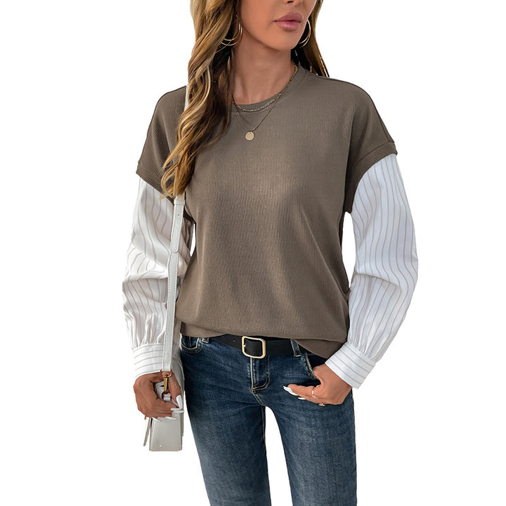 Women Casual Long Sleeve with Ribbed Top & Striped Blouse Sleeves Mune Fashion