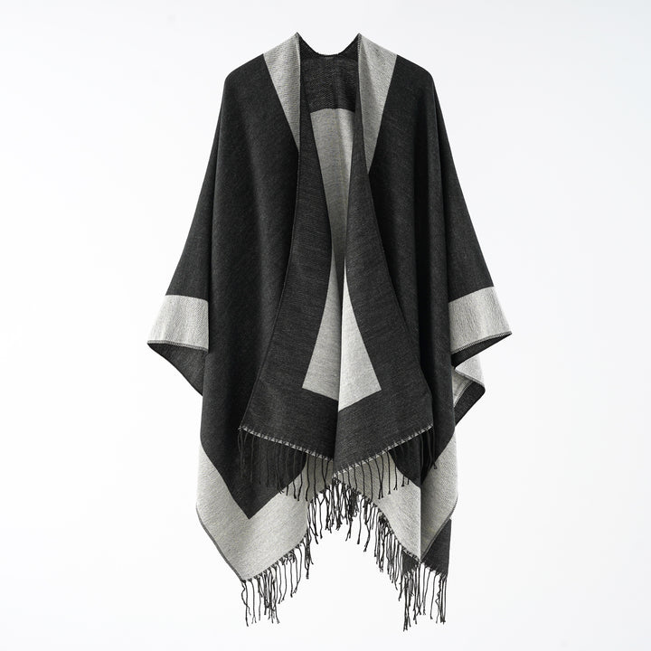 Women Oversize Reversible Cape Poncho made of Wool Blend with Fringing Mune Fashion