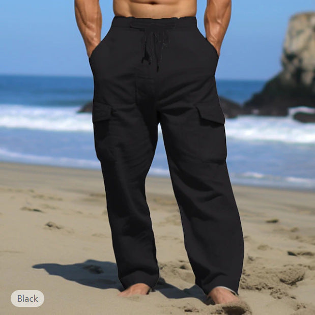 Men's relaxed-fit leisure cargo pants made of linen blend with tunnel drawstring waistband, flap pockets, and relaxed beach fit Mune Fashion