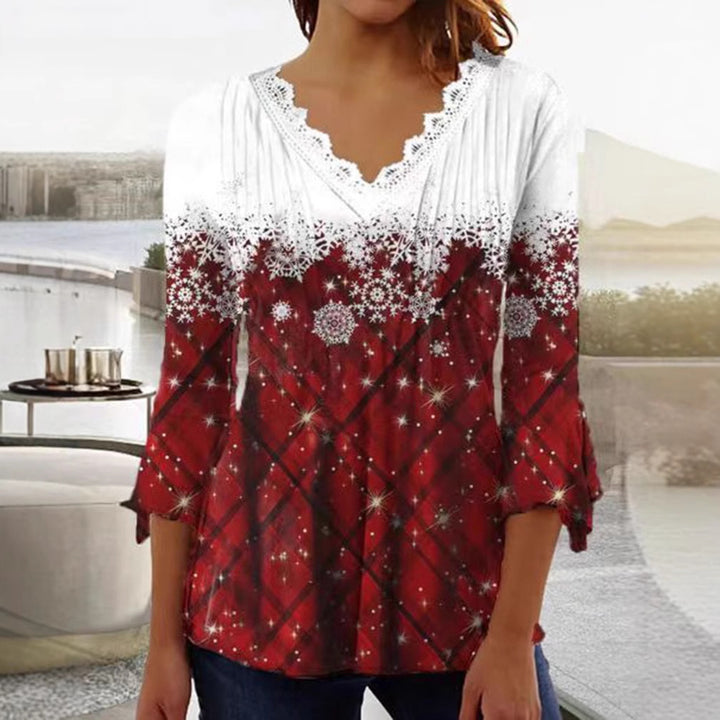 Women's Tunic blouse with lace V-neck, fine pleated yoke and wintry snowflake print Mune Fashion
