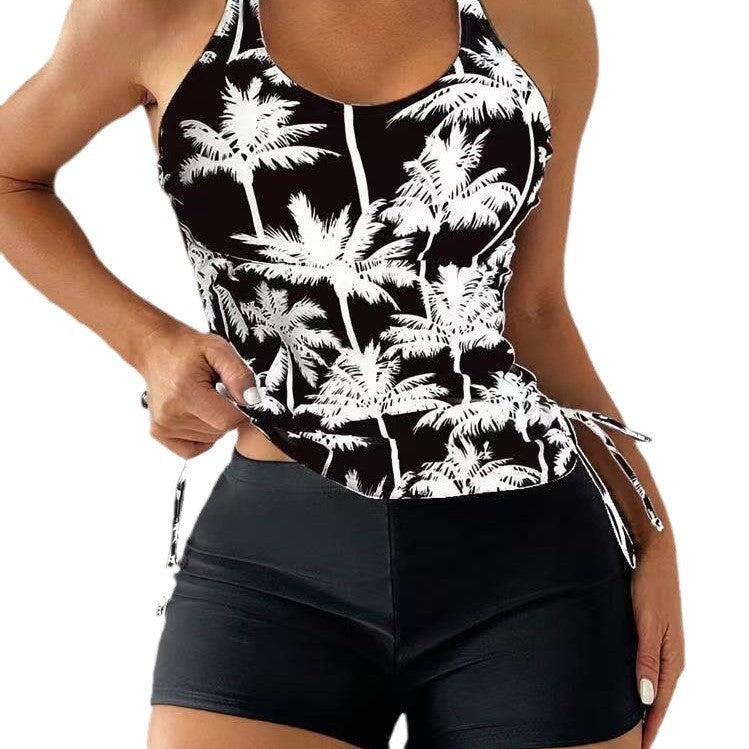 Ladies Sporty Tankini Set with Fashionable Palm Print and High Waist Mune Fashion