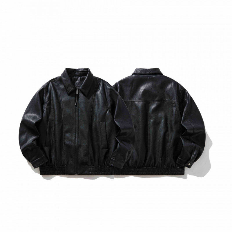 Men's Short-Cut Faux Leather Bomber Jacket with Shirt Collar, Full Zipper and Elastic Hem Mune Fashion