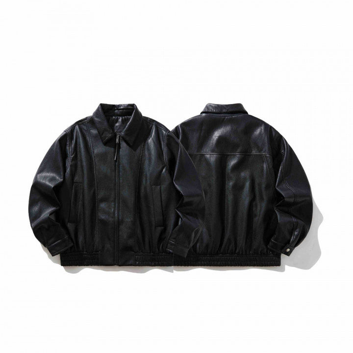 Men's Short-Cut Faux Leather Bomber Jacket with Shirt Collar, Full Zipper and Elastic Hem Mune Fashion