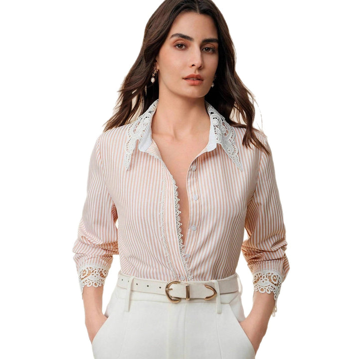 Women's Striped Blouse with Lace Collar and Lace Inserts Mune Fashion