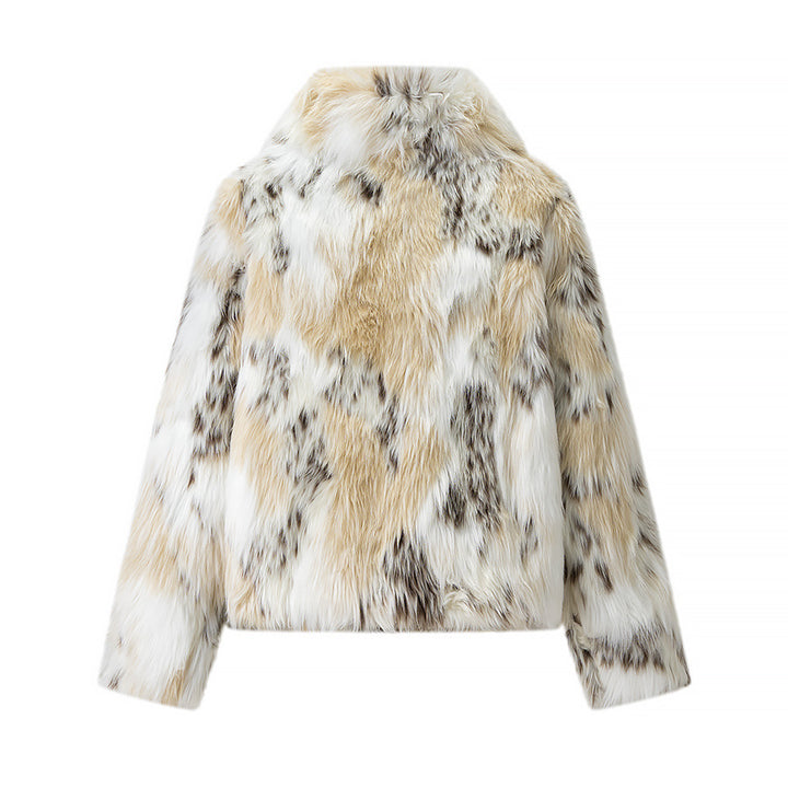 Women's short faux fur jacket in patchwork look with high stand-up collar Mune Fashion